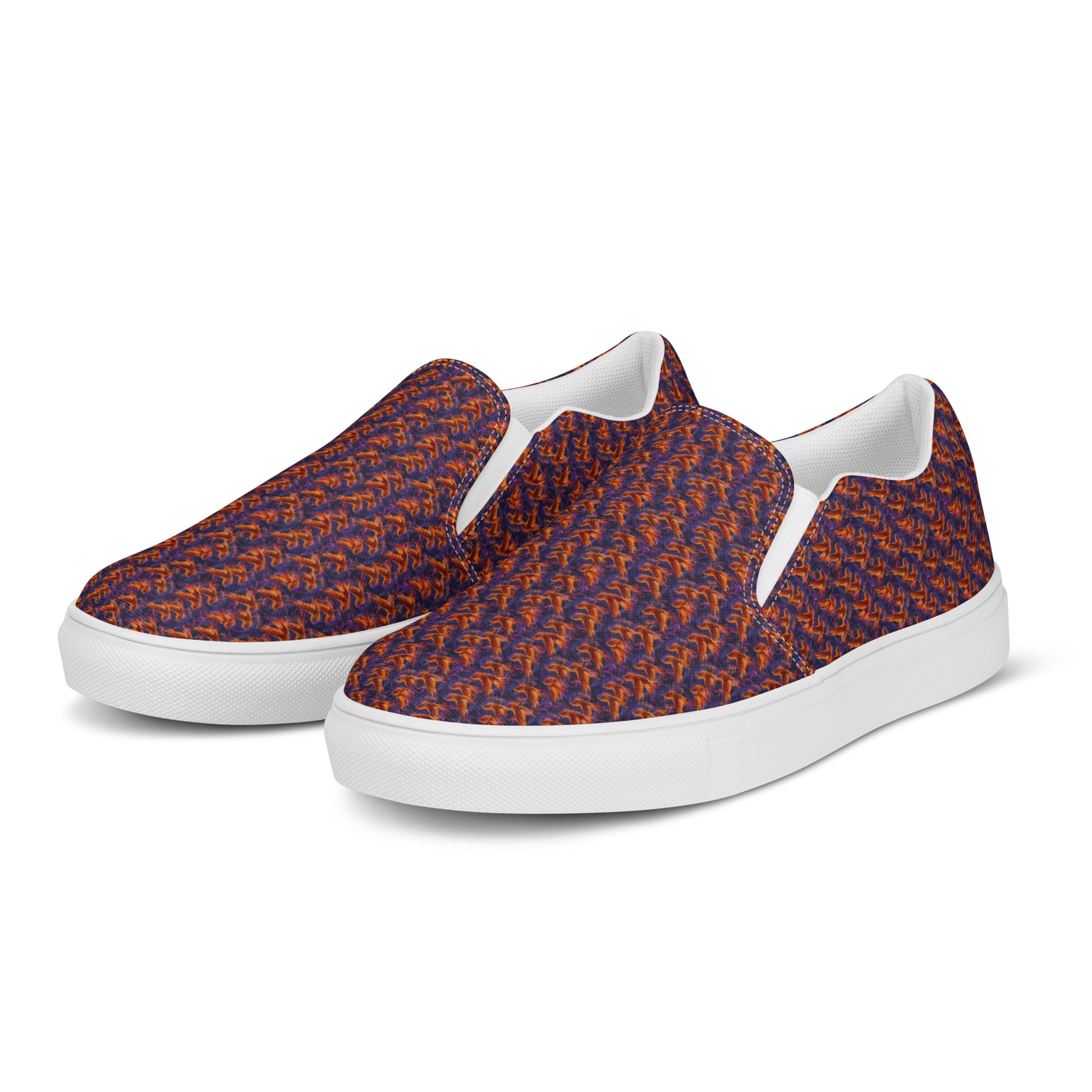 Women’s slip-on canvas shoes, orange-and-blue patterned upper, white sole, slip-on style