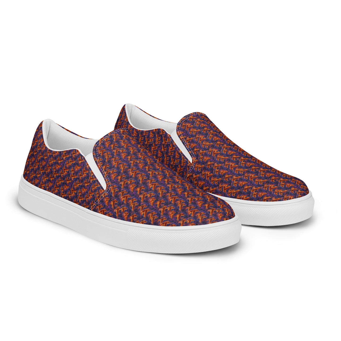 Women’s slip-on canvas shoes, orange-and-blue patterned upper, white rubber sole