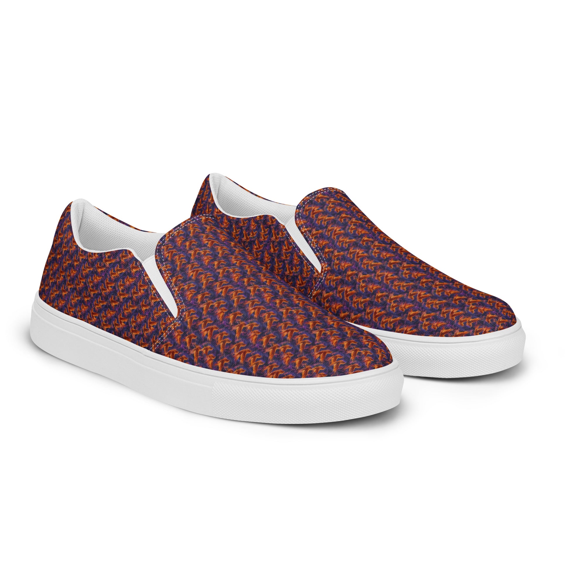 Women’s slip-on canvas shoes, orange-and-blue patterned upper, white rubber sole
